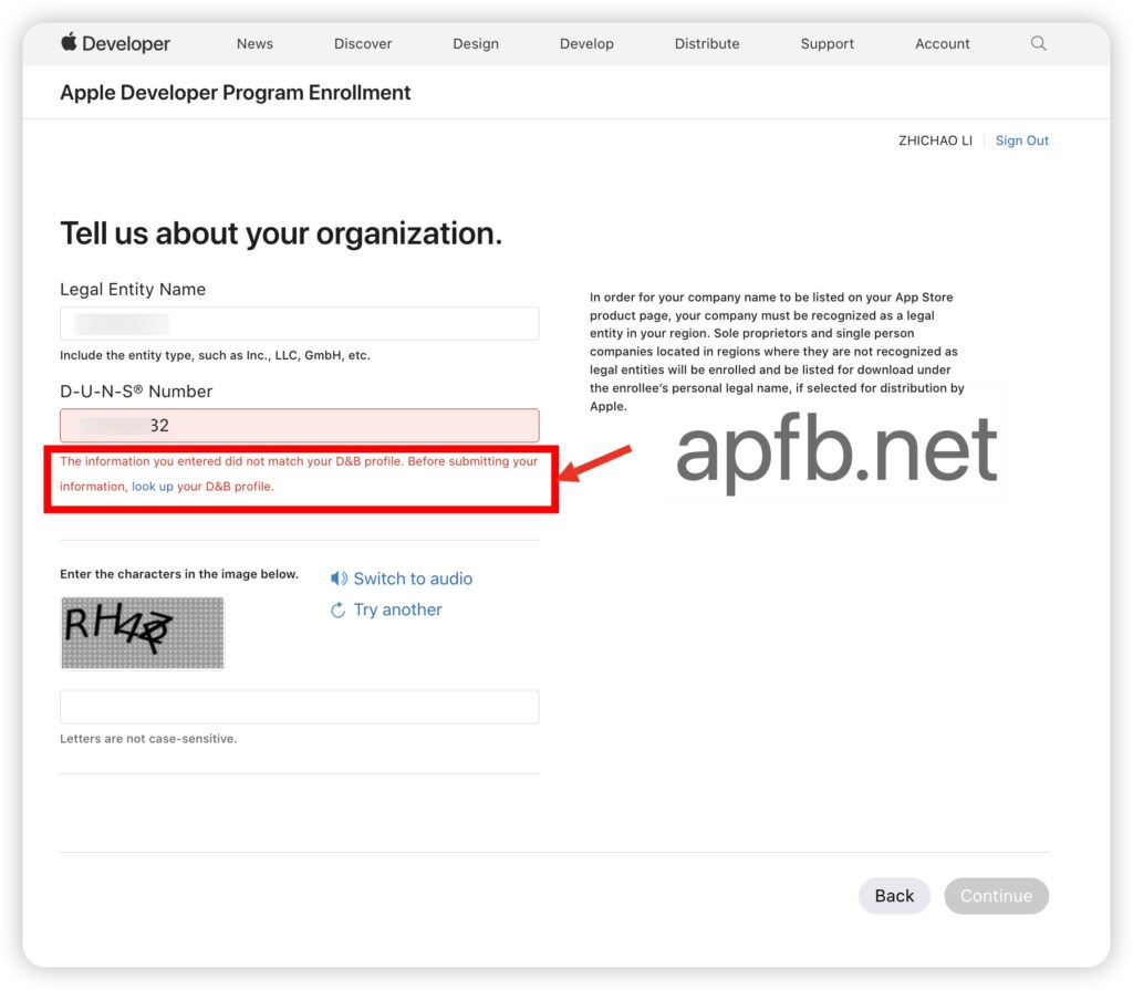 图片[1] - 注册苹果Apple Developer 您输入的信息与您的 D&B 个人资料不匹配 - 知识帮